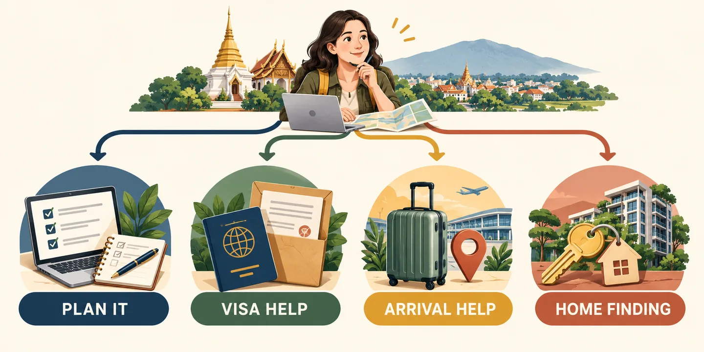 Four Chiang Mai relocation support options: self-directed planning, visa help, arrival help, and home finding